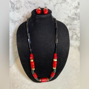 Chico’s Chunky Black, Red and Gold Beaded Long Necklace w/Matching Earrings
